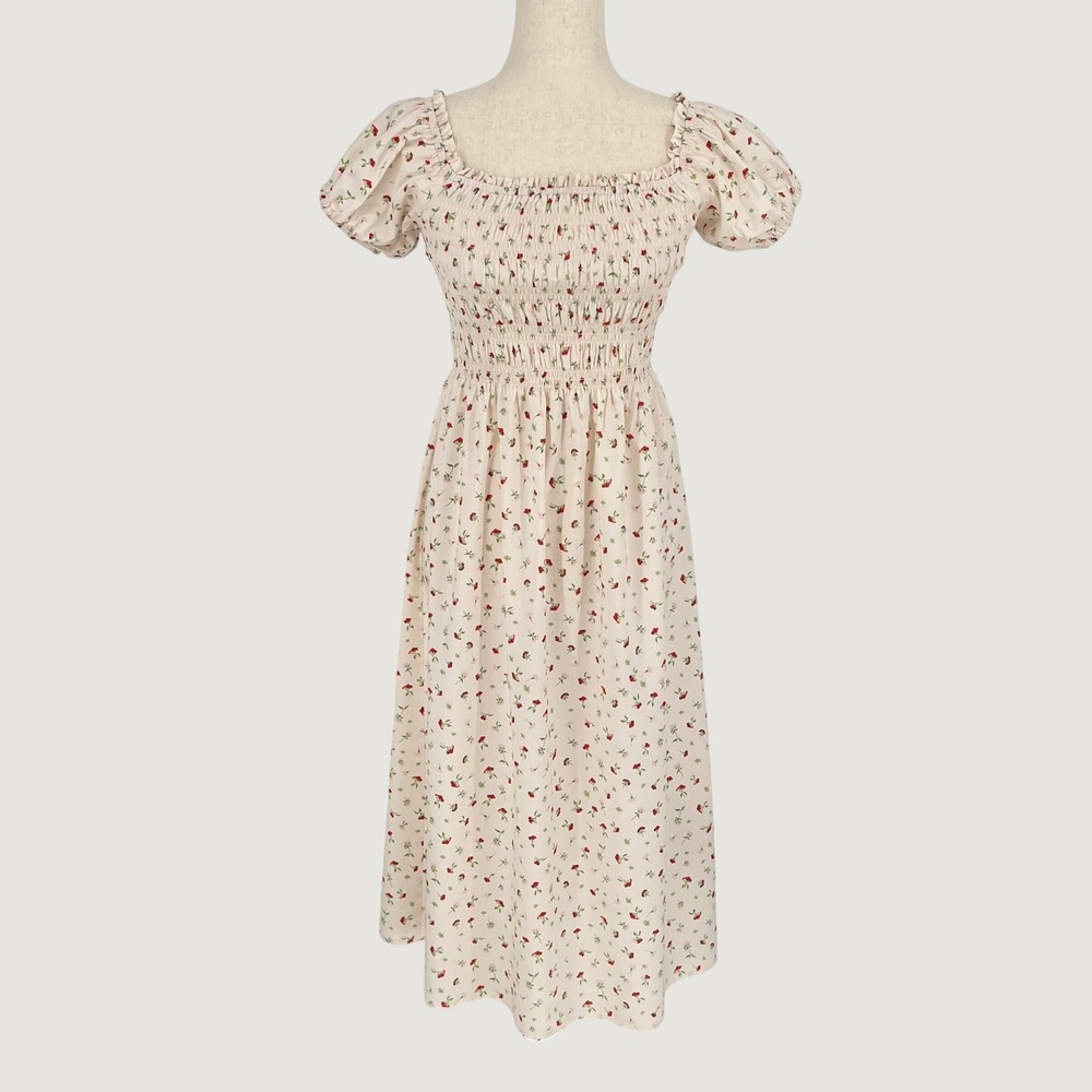 H&M Women Floral Smocked Cottagecore Midi Dress Size S Cream Red Puff Sleeve